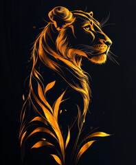 Golden Lion Silhouette with Splatter Effect on Black Background
