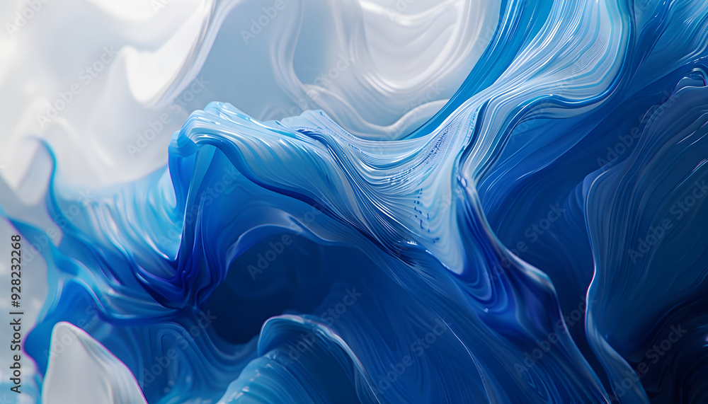 Wall mural Abstract blue and white waves, flowing, curved, dynamic, vibrant.