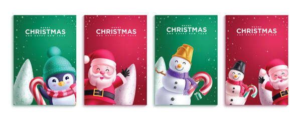 Christmas characters greeting card vector poster set. Santa claus, penguin and snowman character in friendly waving pose for gift tags collection. Vector illustration holiday cards design. 
