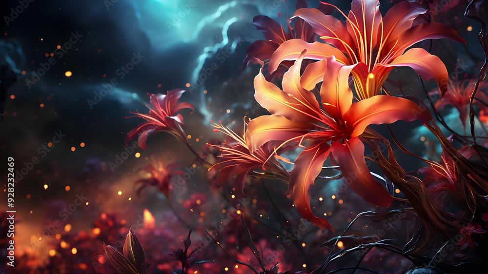 Poster a beautiful and surreal animation of glowing lilies in a mystical forest. the lilies appear to be fl