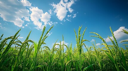 Obraz premium Vibrant green rice plants swaying under a clear blue sky.
