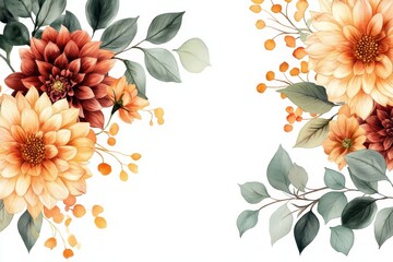 Autumn floral corner border with dahlia, rose and eucalyptus leaves. Fall frame, banner, background. Burnt orange flowers, yellow, terracotta foliage. Watercolor illustration. wedding, Generative AI