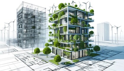 Eco-friendly urban architecture concept showcasing green building engineering with sustainable design, rooftop planting, and modern city planning.