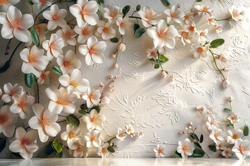 a serene 3d mural featuring a display of flowers on a soft white background, enhanced by a luxurious wallpaper design.