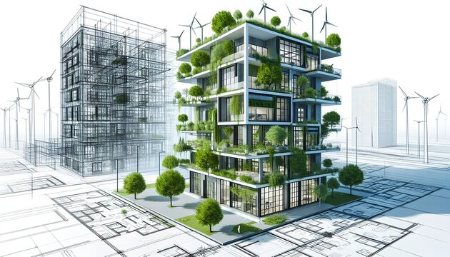Eco-friendly urban architecture concept showcasing green building engineering with sustainable design, rooftop planting, and modern city planning.