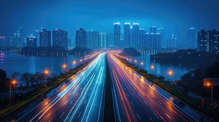 Fototapeta premium night highway, long exposure capturing light trails and city lights in the background