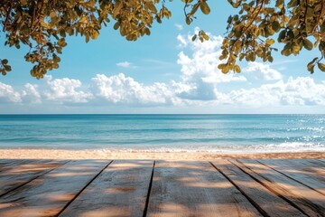 Fototapeta premium Desk of free space and summer ladnscape of beach and sea, Generative AI
