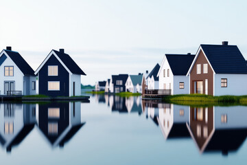 Serene lakeside houses, modern architecture reflected in calm waters, surrounded by lush greenery, creating a picturesque and tranquil environment.