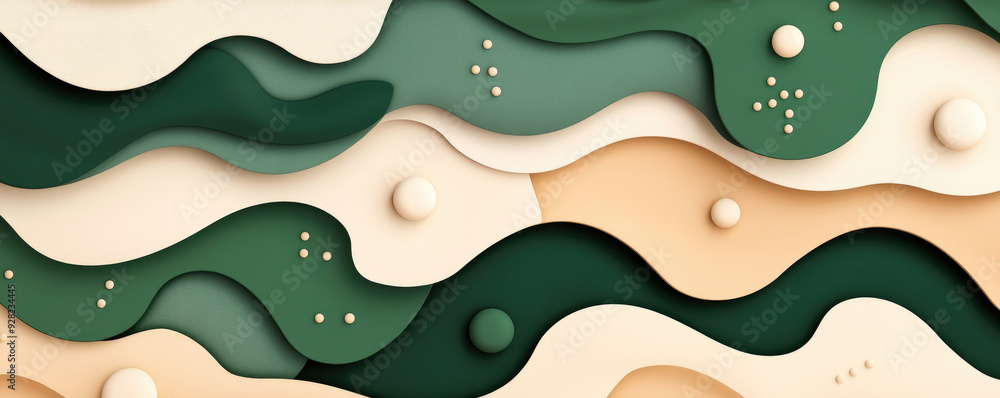 Aufkleber textured waves of green and beige, soft fluidity and playful shapes, featuring raised orbs and dots,