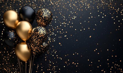 gold black balloon confetti background for graduation birthday happy new year opening sale concept, usable for banner poster brochure ad invitation flyer, Generative AI