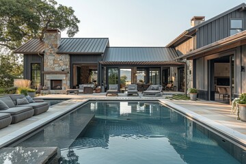 Wide Shot of Pool and Patio Area in Front of Modern Farmhouse with Dark Gray Shou Sugi Ban Trim and Covered Gazebo