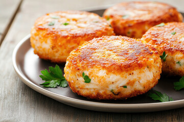 Fototapeta premium Golden brown crab cakes served on a simple gray plate, garnished with fresh parsley, showcasing a crispy exterior and tender, flavorful interior.