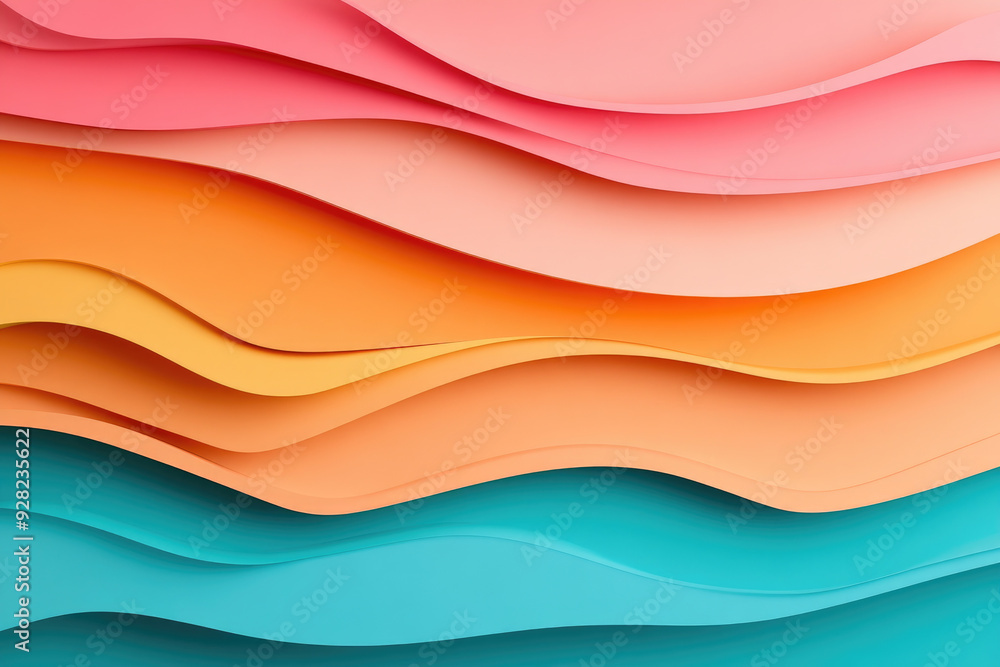 Poster colorful waves of paper, a captivating display of undulating layers in vibrant pink, orange, yellow,