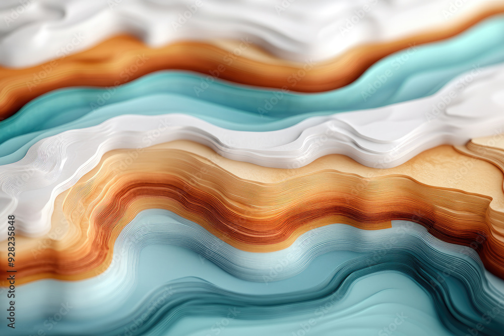 Poster layered waves of colorful paper, a dynamic display of flowing paper textures in soft hues of blue, w