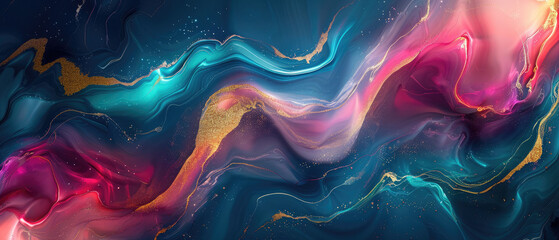 abstract composition of smooth liquid gradient texture with colorful flowing bright shiny marble in waves and swirls of magenta and gold fine lines of modern art