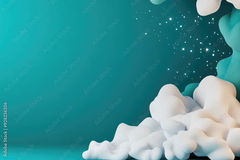 Poster whimsical cloudscape, a serene gradient background with soft, white cloud formations, illuminated by