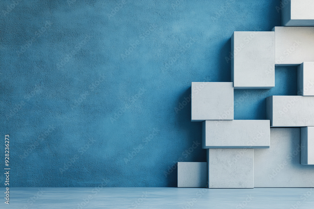 Aufkleber modern abstract composition, textured blue wall with stacked white geometric blocks creating visual 