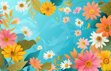 Colorful daisies and leaves on a blue background, perfect for floral designs and spring themes.