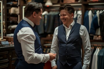 Fototapeta premium Two men in fashionable outfits talking in a stylish clothing store. This image captures a friendly interaction in a modern boutique setting. Perfect for fashion and retail themes. Generative AI