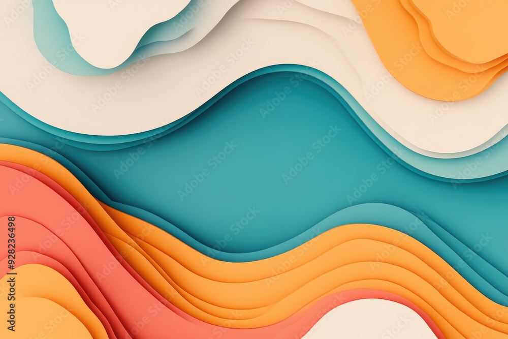 Poster abstract wavy layers in vibrant hues of teal, peach, and cream create a visually striking compositio
