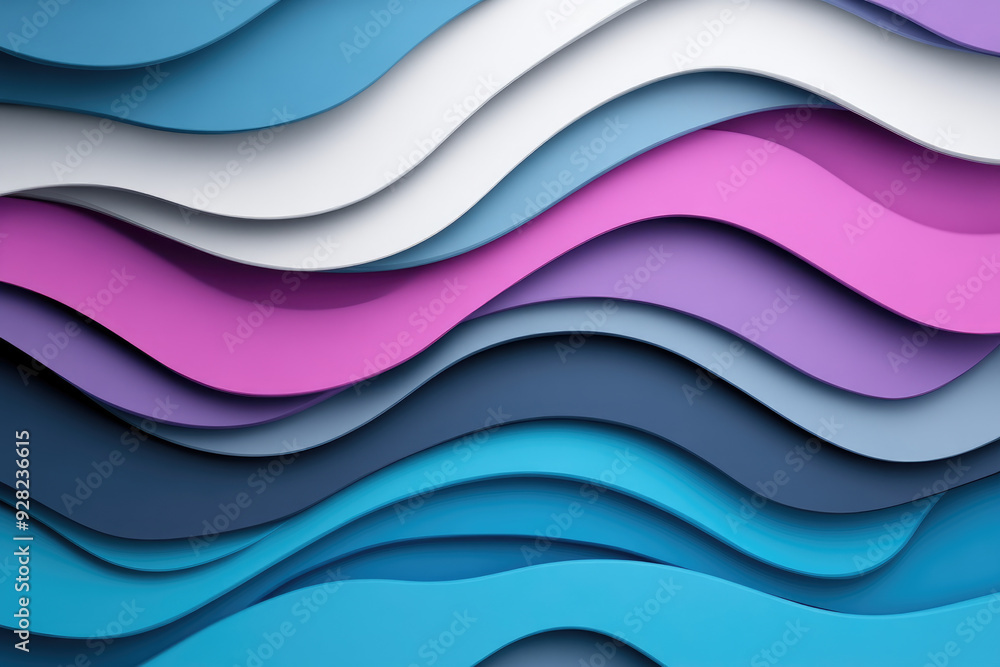 Poster waves of colorful layers, a dynamic interplay of smooth, sinuous shapes in vibrant blues, purples, a