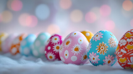 Colorful Easter Eggs Decorated with Flowers on a White Fabric Background, a Symbol of Spring and Renewal