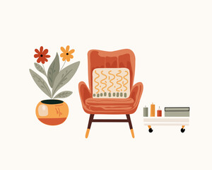 Fototapeta premium The armchairs and interior potted home flower and table with candles