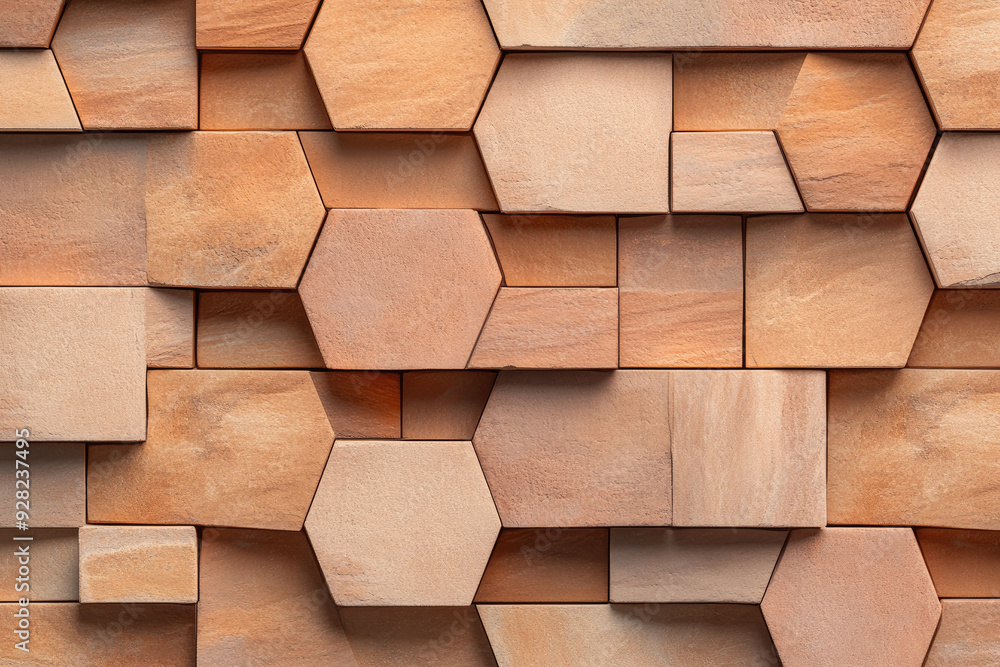 Aufkleber honey-colored stone facade, featuring an intricate arrangement of hexagonal and rectangular shapes, 