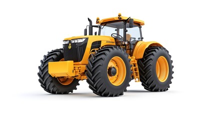 Obraz premium Detailed yellow tractor on a white backdrop, showcasing its robust design and power.