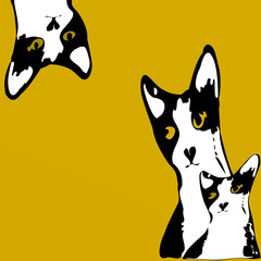 cat and dog,Yellow background, three curious cat characters 