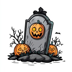 Obraz premium Spooky Halloween gravestone with pumpkins and bats.