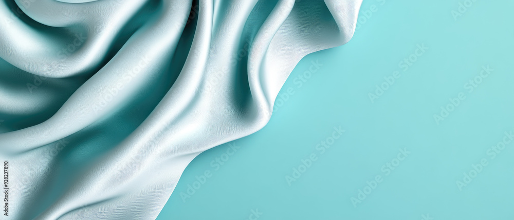 Poster silky fabric draped on a soft turquoise background, creating a serene and elegant ambiance, highligh