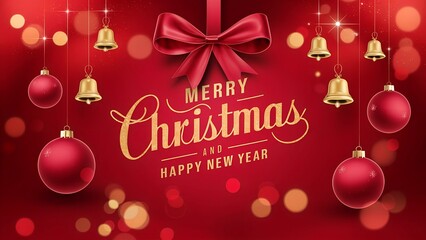 Christmas card with golden bells and red balls on a red background with the text “Merry Christmas and Happy New Year” and decorative elements.