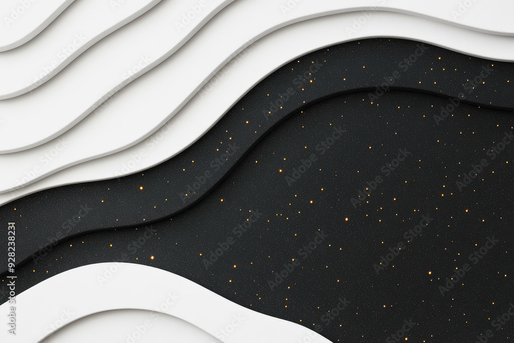 Poster cosmic waves, a captivating interplay of smooth white curves and a starry night backdrop creating a 