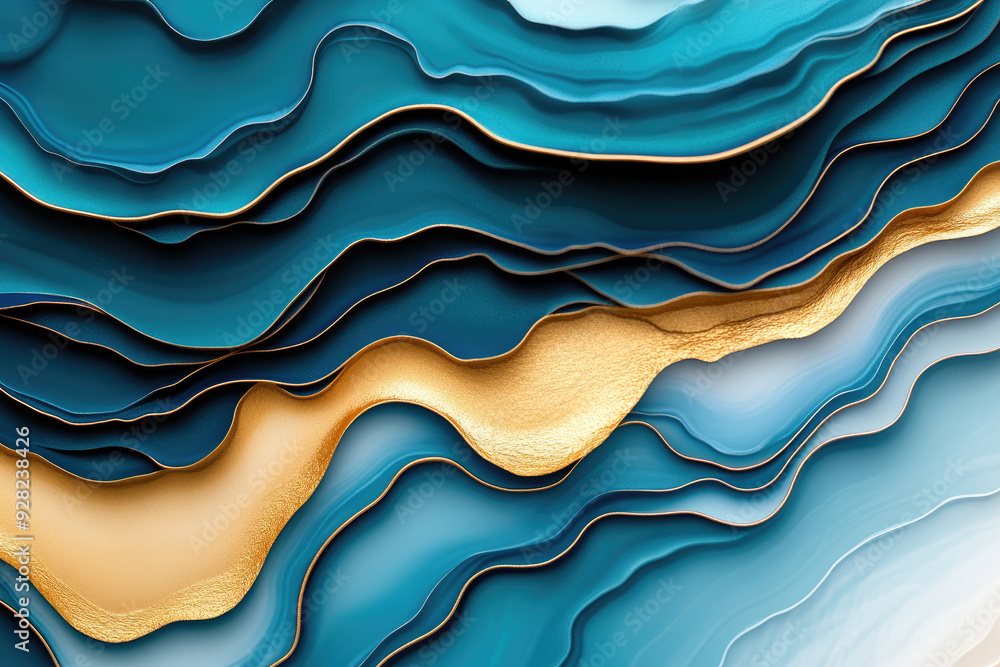 Poster fluid elegance, abstract waves of turquoise and gold intertwine, creating a serene visual flow, evok