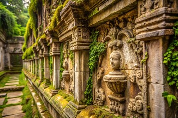 Weathered ancient marble wall with intricate carvings and moss-covered cracks, exuding a sense of history and decay, in a warm, soft, natural light setting.