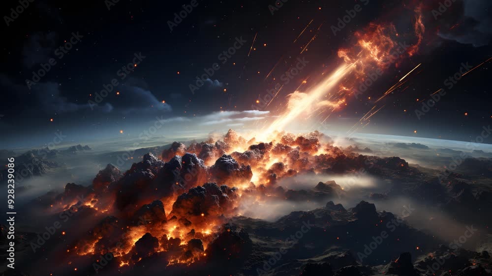 Poster a massive asteroid crashes into a planet, causing a fiery explosion and sending debris flying throug