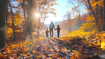 Rear view of father and two sons walking in sunny autumn forest