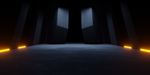 3d rendering of orange neon glowing spaceship corridor hallway dark background. Scene for advertising, showroom, technology, future, modern, E sport, game, garage. Sci Fi Illustration. Product display © Tanawat Thipmontha