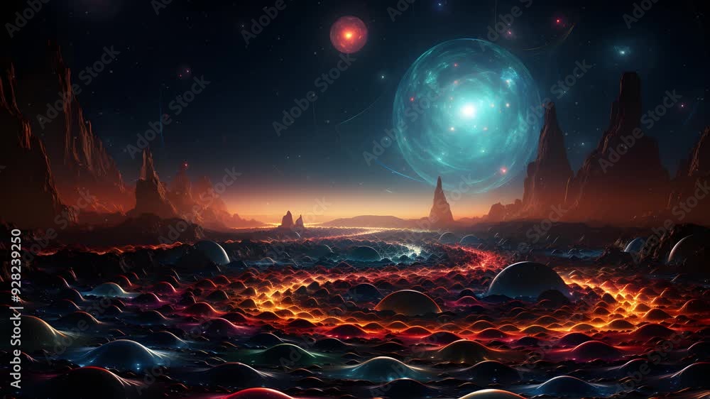 Poster a breathtaking view of a futuristic alien landscape with glowing orbs and a massive, celestial objec