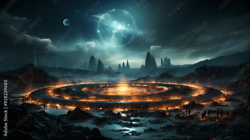 Poster a captivating scene of a futuristic alien landscape with a glowing circle structure and a bright moo