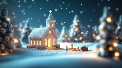 Fototapeta premium Christmas Eve. pastel claymation of a snow-covered church at night, with soft, glowing windows and a childlike nativity scene outside