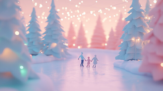 Pastel claymation of a family ice skating on a simple, childlike frozen lake, surrounded by pastel snow-covered trees,