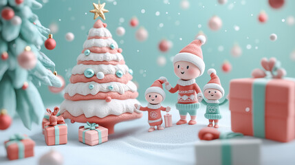 Pastel Christmas Eve Gathering – Childlike Claymation , exchanging simple, playful gifts by a pastel Christmas tree.