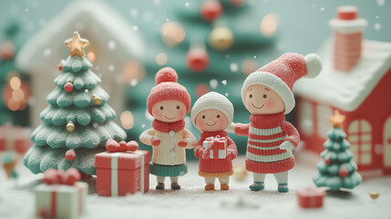 Pastel Christmas Eve Gathering – Childlike Claymation , exchanging simple, playful gifts by a pastel Christmas tree.