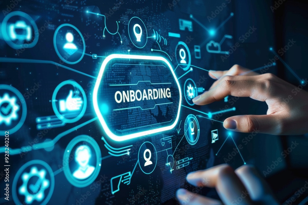 Poster a futuristic depiction of the digital onboarding process, highlighting interactive elements and user