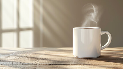 Steaming white ceramic coffee mug on a wooden table with soft morning sunlight
