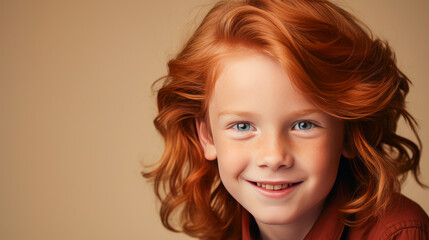 Naklejka premium Portrait of a beautiful, happy smiling boy with red long hair and perfect skin, creamy beige background, banner.