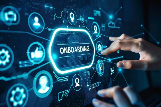 A futuristic depiction of the digital onboarding process, highlighting interactive elements and user engagement through a high-tech interface..