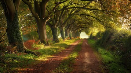 Obraz premium Ancient Road. Halnaker Tree Tunnel in West Sussex UK, Forest Path with Autumn Green Landscape
